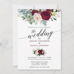 Burgundy Floral Greenery Calligraphy Wedding W Kaart