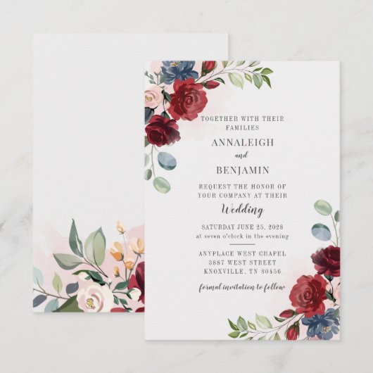 Burgundy Floral Greenery Foliage Blush Wedding Kaart (Voorkant / Achterkant)
