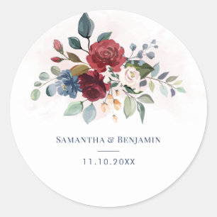Burgundy Floral Greenery Foliage Wedding Couple Ronde Sticker