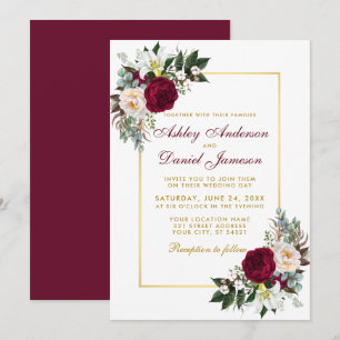Burgundy Floral Greenery Gold Framed Wedding Kaart