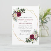 Burgundy Floral Greenery Gold Lijst Wedding B Kaart (Staand voorkant)