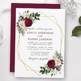 Burgundy Floral Greenery Gold Lijst Wedding B Kaart