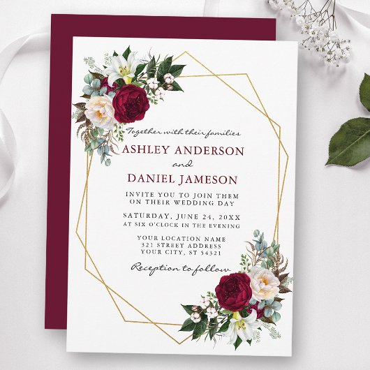 Burgundy Floral Greenery Gold Lijst Wedding B Kaart