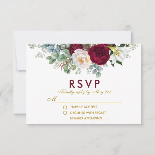 Burgundy Floral Greenery Gold Wedding RSVP (Voorkant)