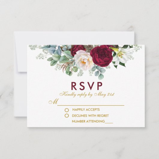 Burgundy Floral Greenery Gold Wedding RSVP Kaartje (Voorkant)