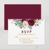 Burgundy Floral Greenery Gold Wedding RSVP Kaartje (Voorkant / Achterkant)