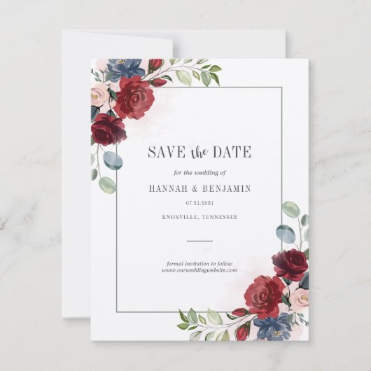 Burgundy Floral Greenery Save the Date (Voorkant)