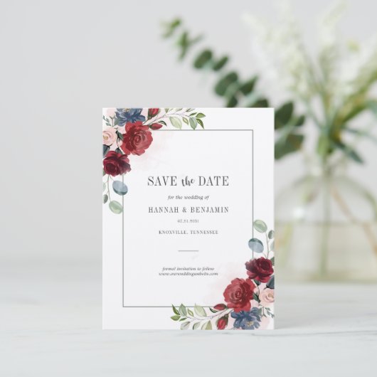 Burgundy Floral Greenery Save the Date (Staand voorkant)