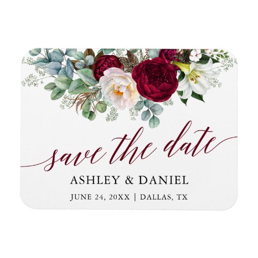Burgundy Floral Greenery Save the Date Magneet (Horizontaal)