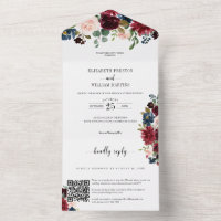 Burgundy Floral Greenery Weddenschap met QR-code R