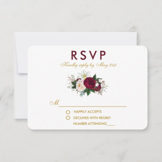 Burgundy Floral Greenery Wedding Gold RSVP (Voorkant)