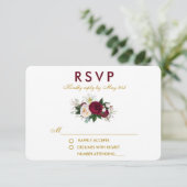 Burgundy Floral Greenery Wedding Gold RSVP Kaartje (Staand voorkant)