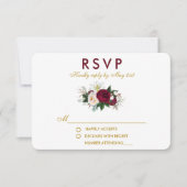 Burgundy Floral Greenery Wedding Gold RSVP Kaartje (Voorkant)