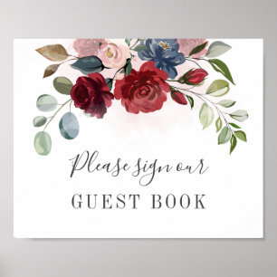 Burgundy Floral Greenery Wedding Guest Book Sign Poster