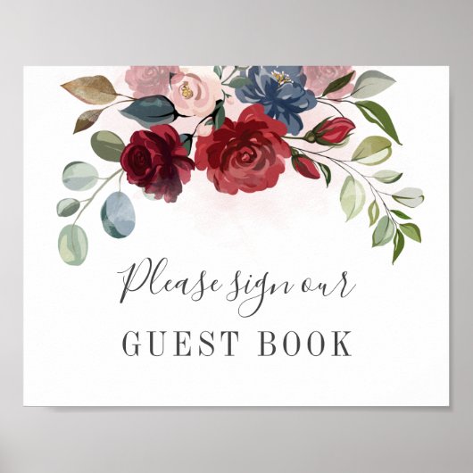 Burgundy Floral Greenery Wedding Guest Book Sign Poster (Voorkant)