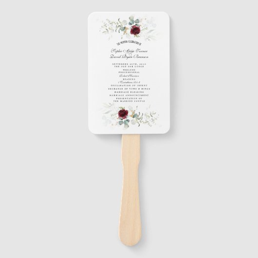Burgundy Floral Greenery Wedding Programme Hand Fa Handwaaier (Voorkant)
