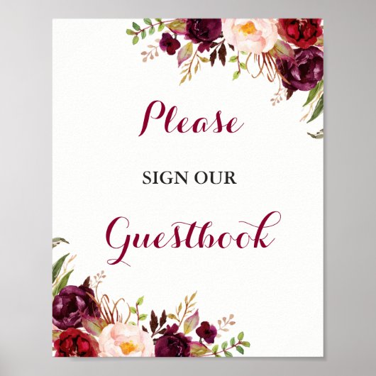 Burgundy Floral Guestbook Wedding Sign Poster (Voorkant)