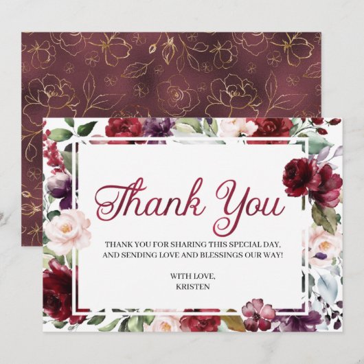 Burgundy Floral Hartelijk dank Bedankkaart (Voorkant / Achterkant)