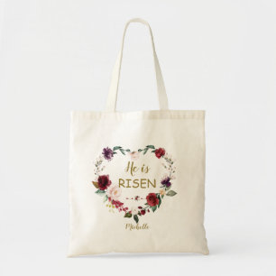 Burgundy Floral Heart Happy Pasen Hij is gerezen Tote Bag