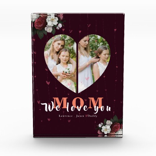Burgundy floral Heart Shaped Gift for Moederdag Fotoblokken (Voorkant)