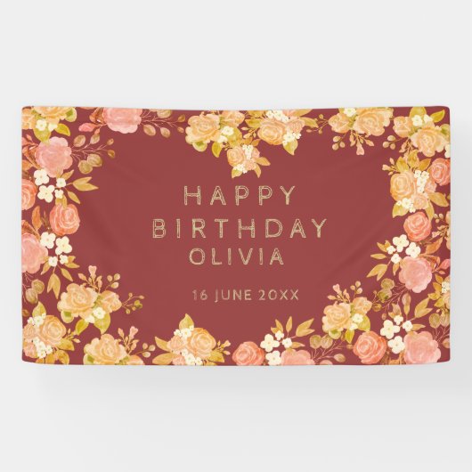 Burgundy Floral Heart - Shaped Happy Birthday Spandoek (Horizontaal)