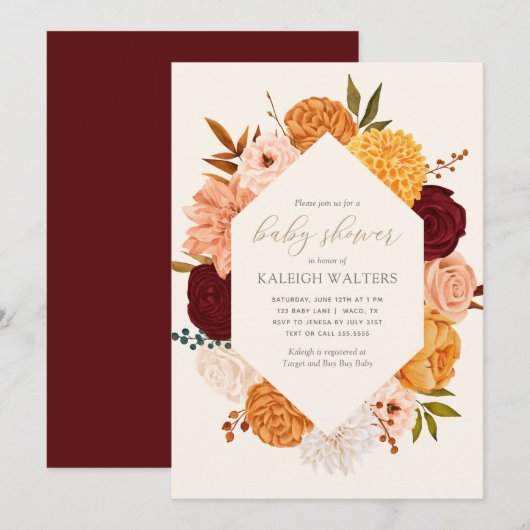 Burgundy Floral Herfst Baby shower Kaart (Voorkant / Achterkant)