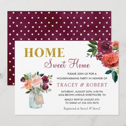 Burgundy Floral Home Sweet Home Housewarming Kaart (Voorkant / Achterkant)