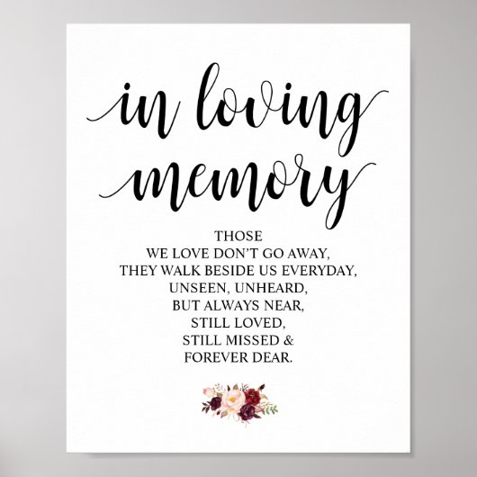 Burgundy floral in Loving Memory Memorial Sign Poster (Voorkant)
