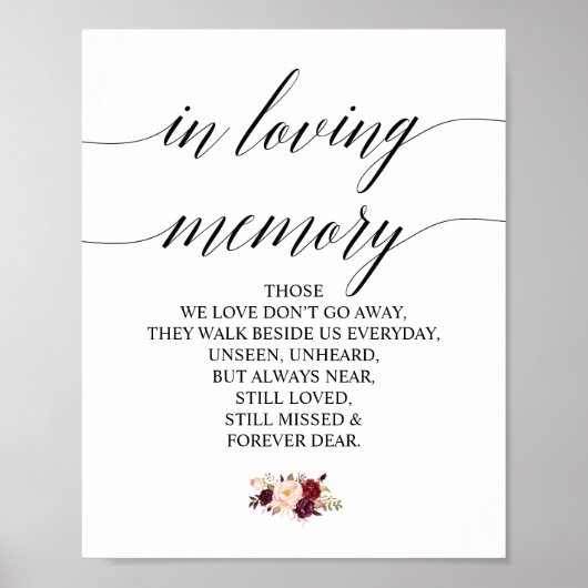 Burgundy floral in Loving Memory Memorial Sign Poster (Voorkant)