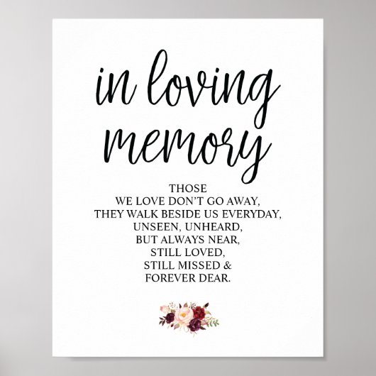 Burgundy floral in Loving Memory Memorial Sign Poster (Voorkant)