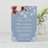 Burgundy Floral Jar Lights Lace Dusty Blue Wedding Kaart (Staand voorkant)
