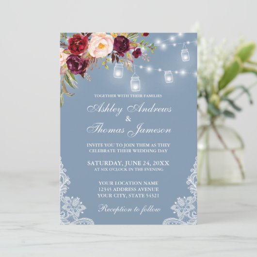 Burgundy Floral Jar Lights Lace Dusty Blue Wedding Kaart (Staand voorkant)