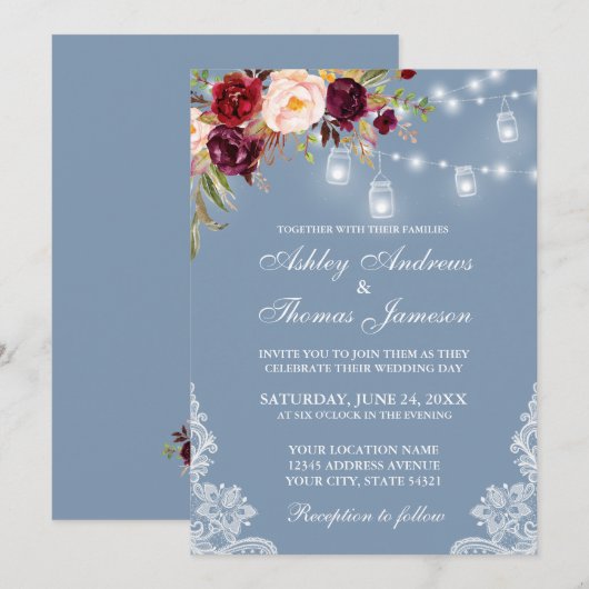 Burgundy Floral Jar Lights Lace Dusty Blue Wedding Kaart (Voorkant / Achterkant)