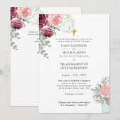 Burgundy Floral katholieke bruiloft Nuptial Mass Kaart (Voorkant / Achterkant)