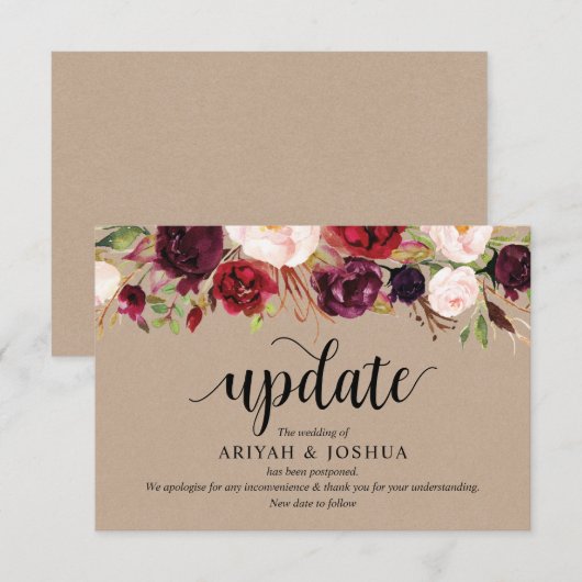 Burgundy Floral, Kraft, Black, Wedding-uitstel Informatiekaartje (Voorkant / Achterkant)