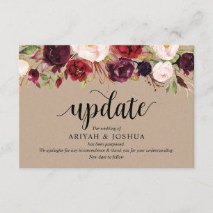 Burgundy Floral, Kraft, Black, Wedding-uitstel Informatiekaartje