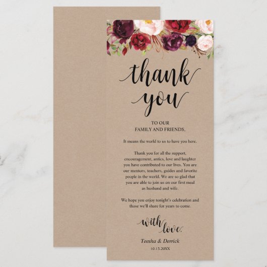 Burgundy Floral Kraft Place - Beeldscherm Programmakaart (Voorkant / Achterkant)