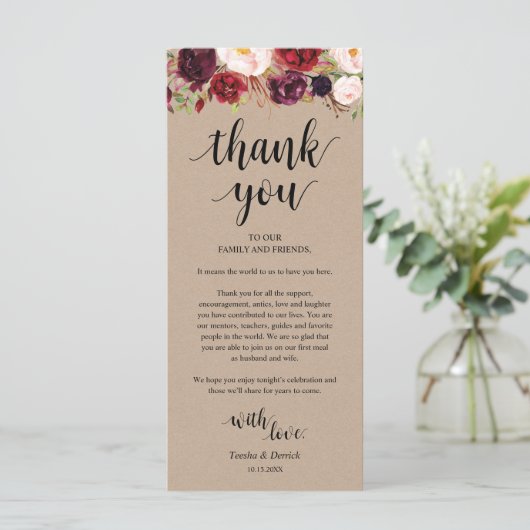 Burgundy Floral Kraft Place - Beeldscherm Programmakaart (Staand voorkant)