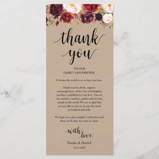 Burgundy Floral Kraft Place - Beeldscherm Programmakaart (Voorkant)