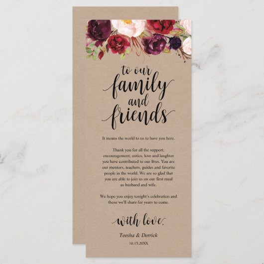 Burgundy Floral Kraft Place - Beeldscherm Programmakaart (Voorkant / Achterkant)