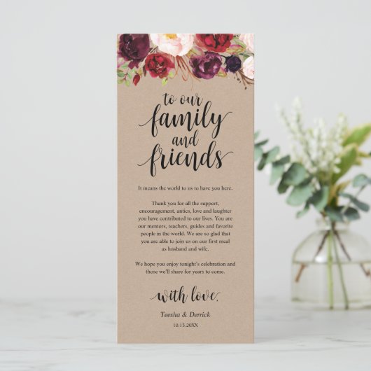 Burgundy Floral Kraft Place - Beeldscherm Programmakaart (Staand voorkant)