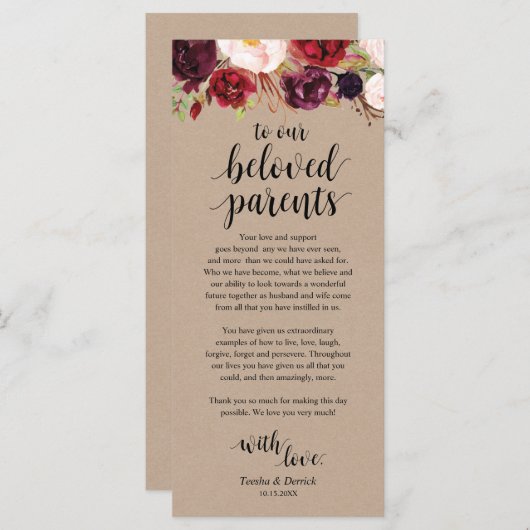 Burgundy Floral Kraft Place - Beeldscherm Programmakaart (Voorkant / Achterkant)