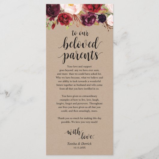 Burgundy Floral Kraft Place - Beeldscherm Programmakaart (Voorkant)