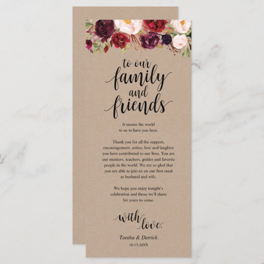 Burgundy Floral Kraft Place - Beeldscherm Programmakaart (Voorkant / Achterkant)