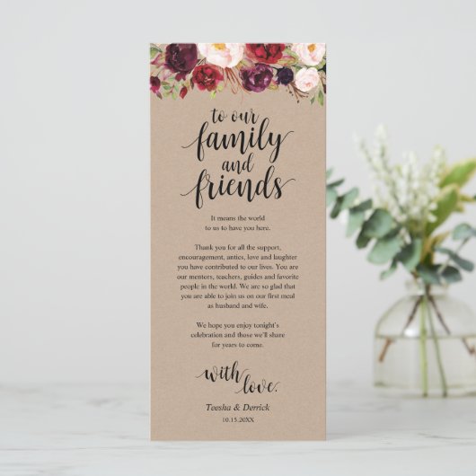 Burgundy Floral Kraft Place - Beeldscherm Programmakaart (Staand voorkant)