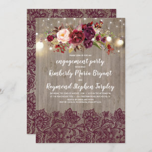 Burgundy Floral Lace Rustic Engagement Party Kaart