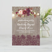 Burgundy Floral Lace Rustic Graduation Party Kaart (Staand voorkant)