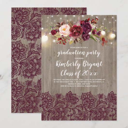 Burgundy Floral Lace Rustic Graduation Party Kaart (Voorkant / Achterkant)