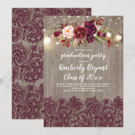 Burgundy Floral Lace Rustic Graduation Party Kaart