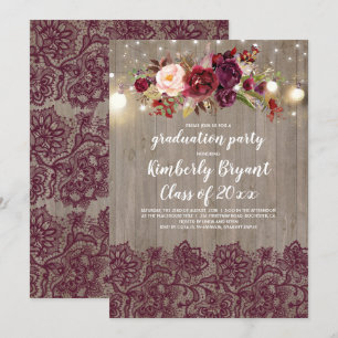 Burgundy Floral Lace Rustic Graduation Party Kaart